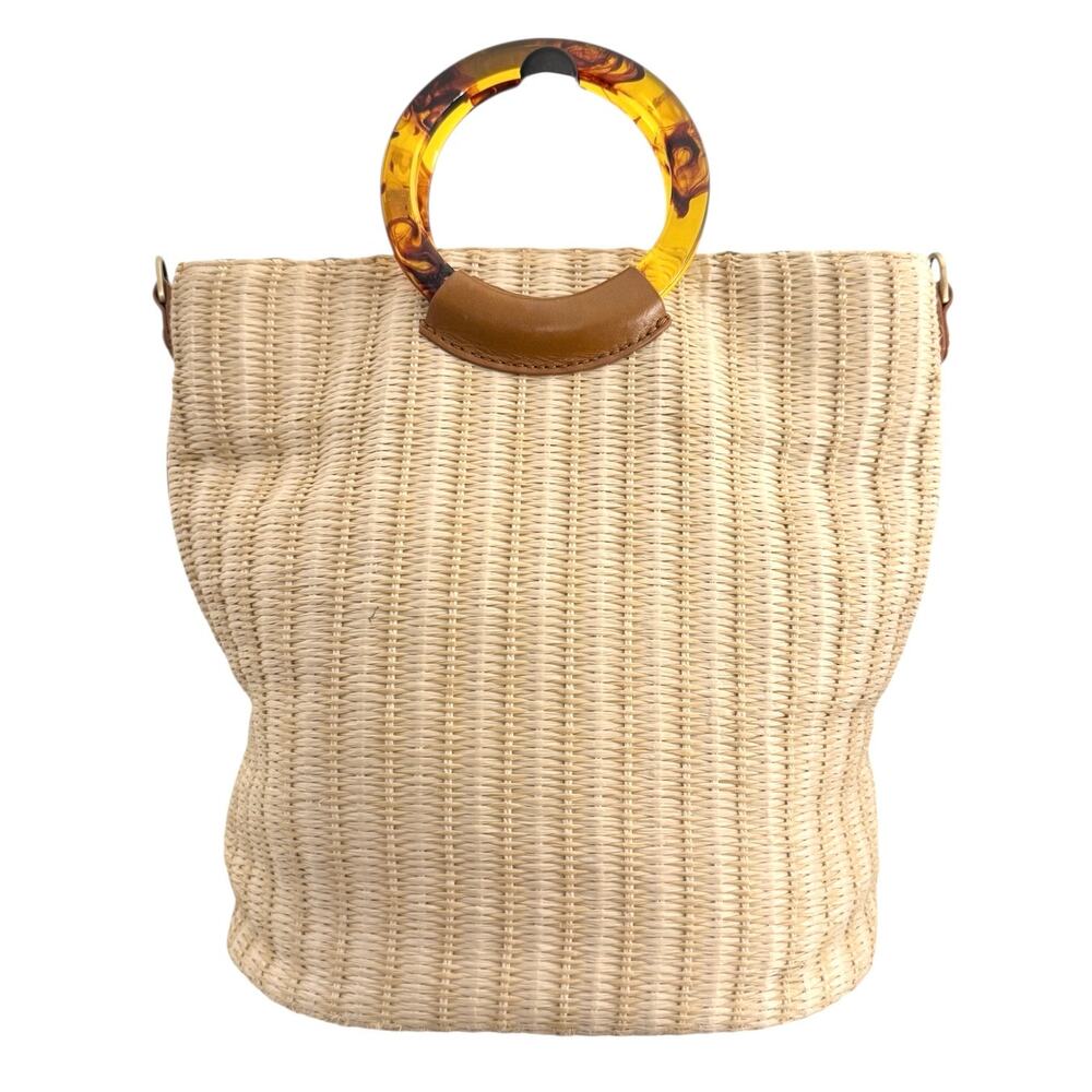 Hobo Sheila Raffia Circle Handle Tote Bag Straw Woven Tortoise Ring Handles - Picture 3 of 7